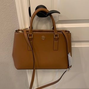 Tory Burch brown robinson double zip leather tote